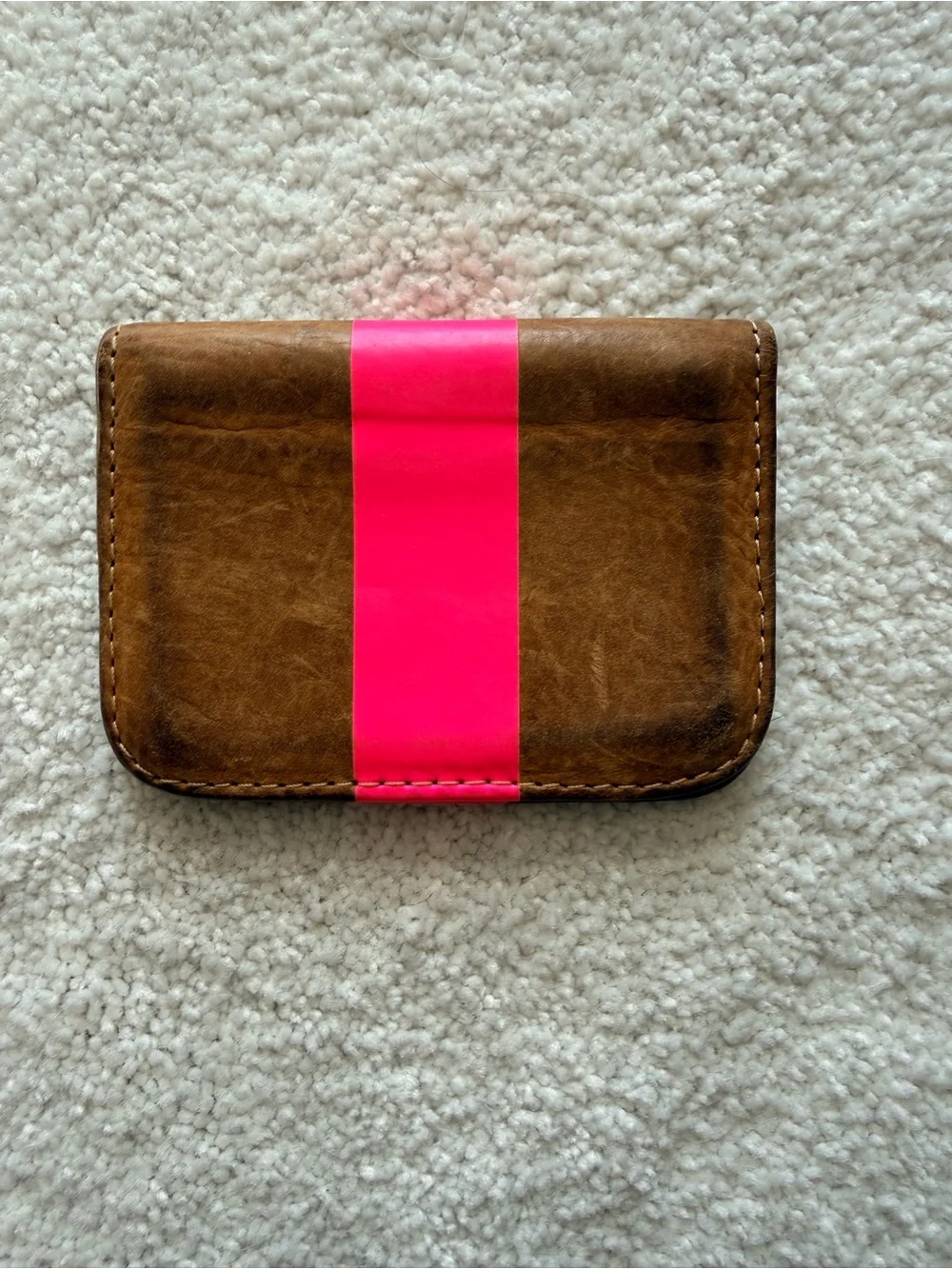Clare V Brown Leather Card Wallet Case with Bright Pink Strip